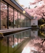  樱花环绕的现代建筑景观3041#竖屏 	 