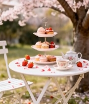  樱花树下的下午茶场景3549#竖屏 	 