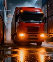  夜晚集装箱旁行驶的红色货车2197#竖屏 	 