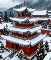  雪中古建筑全景1051#竖屏 	 