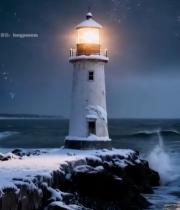  雪夜海边灯塔景观4105#竖屏 	 