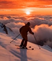  雪山上滑雪者日出时滑雪画面4051#竖屏 	 