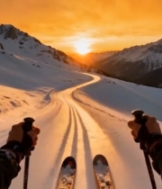  雪山滑雪者视角日落场景1372#竖屏 	 