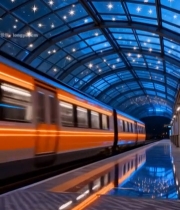  星空顶车站内行驶的橙色火车7320#竖屏 	 