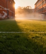  校园足球场日出晨景3449#竖屏 	 