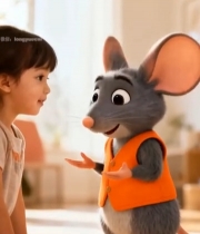  小女孩与卡通老鼠互动场景1005#竖屏 	 