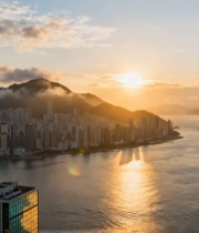  香港城市海港日出景观7483#竖屏 	 