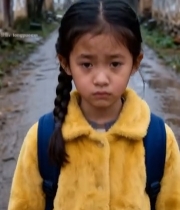  乡村小道上背书包的小女孩7684#竖屏 	 