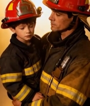  消防员抱男孩背景有火焰5685#竖屏 	 