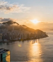  香港城市海港日出景观7483#竖屏 	 