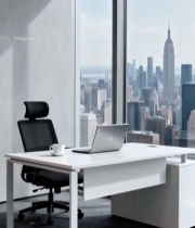  现代办公室内办公桌与城市景观4891#竖屏 	 