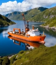  峡湾中停泊的橙色货船6100#竖屏 	 