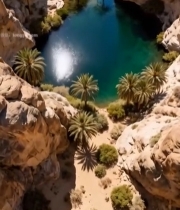  峡谷中碧绿湖水与棕榈树景观3798#竖屏 	 