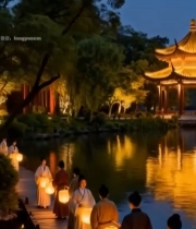  西湖古装人物持灯笼漫步湖边5471#竖屏 	 