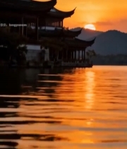  西湖畔古建筑日落景观4847#竖屏 	 
