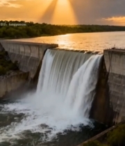  夕阳下水库大坝水流倾泻画面298#竖屏 	 