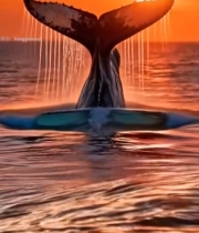  夕阳下鲸鱼尾部露出海面画面4776#竖屏 	 