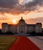  夕阳下跑道与欧式建筑景观4#竖屏 	 