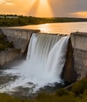  夕阳下水库大坝水流倾泻画面298#竖屏 	 