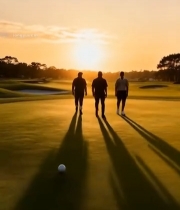  夕阳下三人漫步高尔夫球场414#竖屏 	 