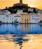  夕阳下临水小镇与塔楼景观6878#竖屏 	 