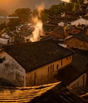  夕阳下徽派古村落景色5519#竖屏 	 