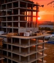  夕阳下建筑工地工人作业场景4071#竖屏 	 