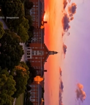  夕阳下红顶建筑与绿树景观3051#竖屏 	 