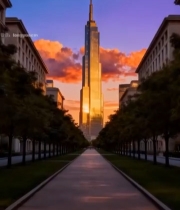  夕阳下城市高楼与街道景观2681#竖屏 	 