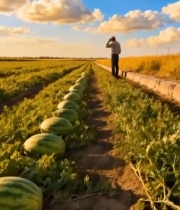  田野瓜农眺望西瓜田4961#竖屏 	 