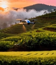  无人机航拍茶园日出景象5478#竖屏 	 