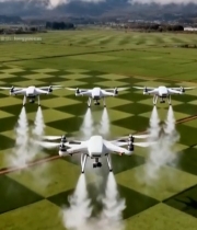  无人机农田喷洒作业富士山背景5792#竖屏 	 