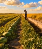  田野瓜农眺望西瓜田4961#竖屏 	 