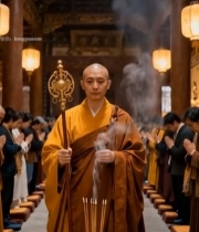  寺庙内僧人持法器信众祈福素材1129#竖屏 	 