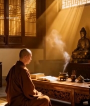  寺庙内和尚静坐诵经素材1036#竖屏 	 