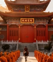  寺庙前僧人骑马穿行僧人群896#竖屏 	 