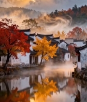  水乡古村落秋日晨曦景色5326#竖屏 	 