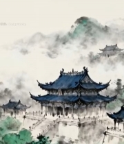  水墨风格中式古建筑景观2645#竖屏 	 