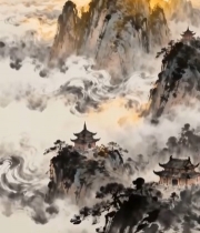  水墨风格山水古建筑风景6080#竖屏 	 