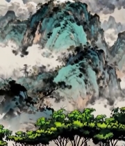  水墨风格山峰古塔画面503#竖屏 	 