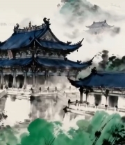  水墨古风中式建筑景观3623#竖屏 	 