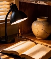  书架旁台灯下翻开的书籍1088#竖屏 	 