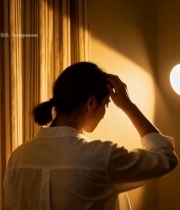  室内女子背对灯光整理头发6018#竖屏 	 