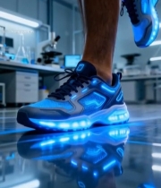  实验室中男子穿发光运动鞋行走6991#竖屏 	 