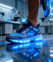  实验室中男子穿发光运动鞋行走6991#竖屏 	 