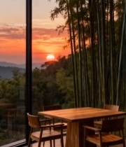  室内窗前木质桌椅观日落景象5423#竖屏 	 