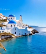  圣托里尼蓝白建筑海岸风光5639#竖屏 	 