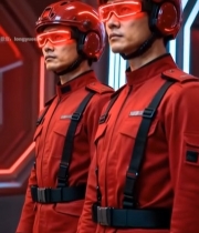  身着红色装备的人员特写6652#竖屏 	 