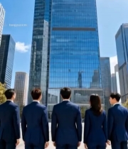  商务人士站立眺望高楼2798#竖屏 	 