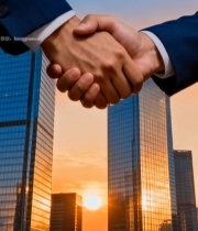  商务人士城市高楼前握手7412#竖屏 	 